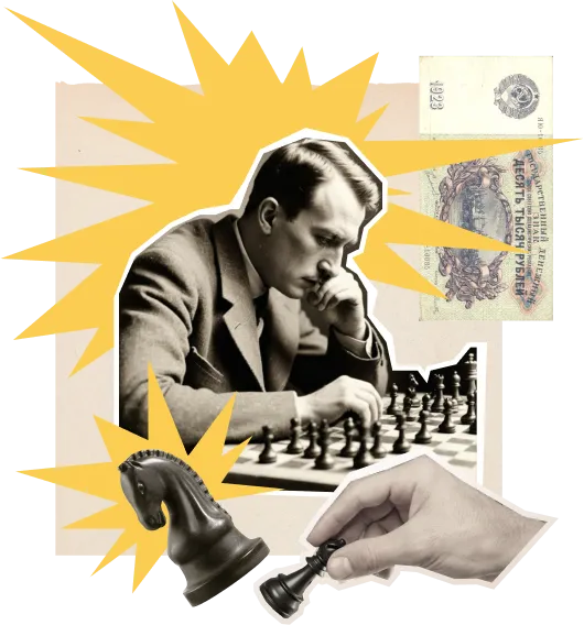 На переднем плане сбивают фигуру коня. В центре шахматист обдумывает ход. На заднем плане купюра в 10000 рублей.
